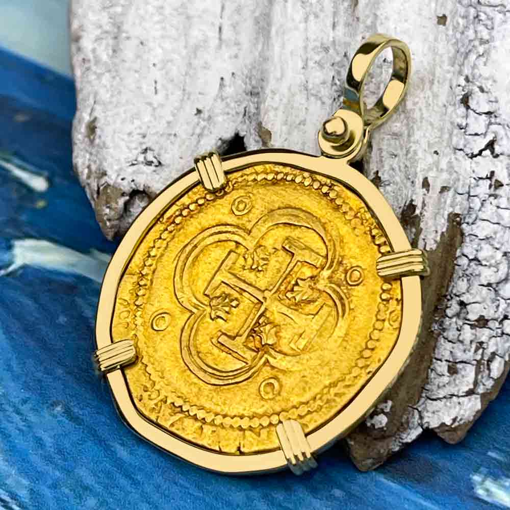 Genuine Circa 1578 22K Gold Spanish Coin 2 Escudo Doubloon Pendant