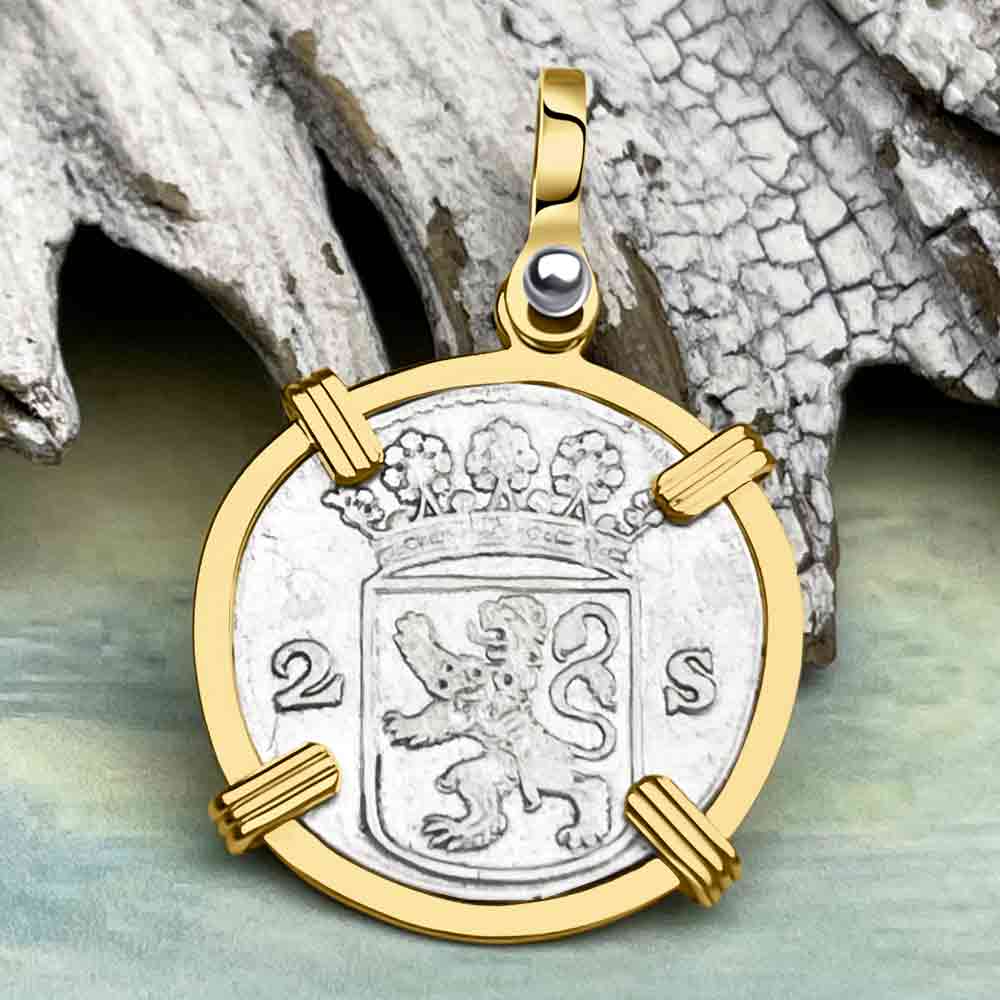 VOC - Dutch East India Company 1753 Silver 2 Stuiver Lion Coin 14K Gold Pendant