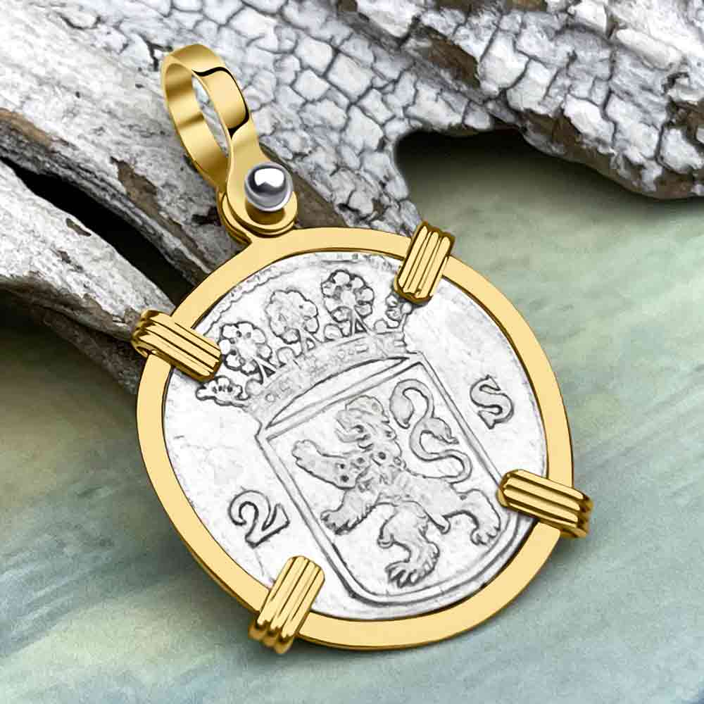 VOC - Dutch East India Company 1753 Silver 2 Stuiver Lion Coin 14K Gold Pendant