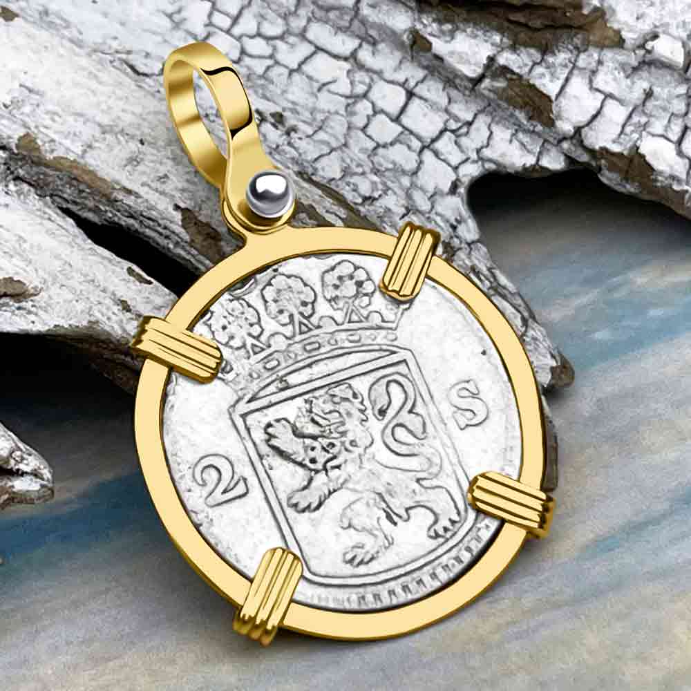 VOC - Dutch East India Company 1758 Silver 2 Stuiver Lion Coin 14K Gold Pendant