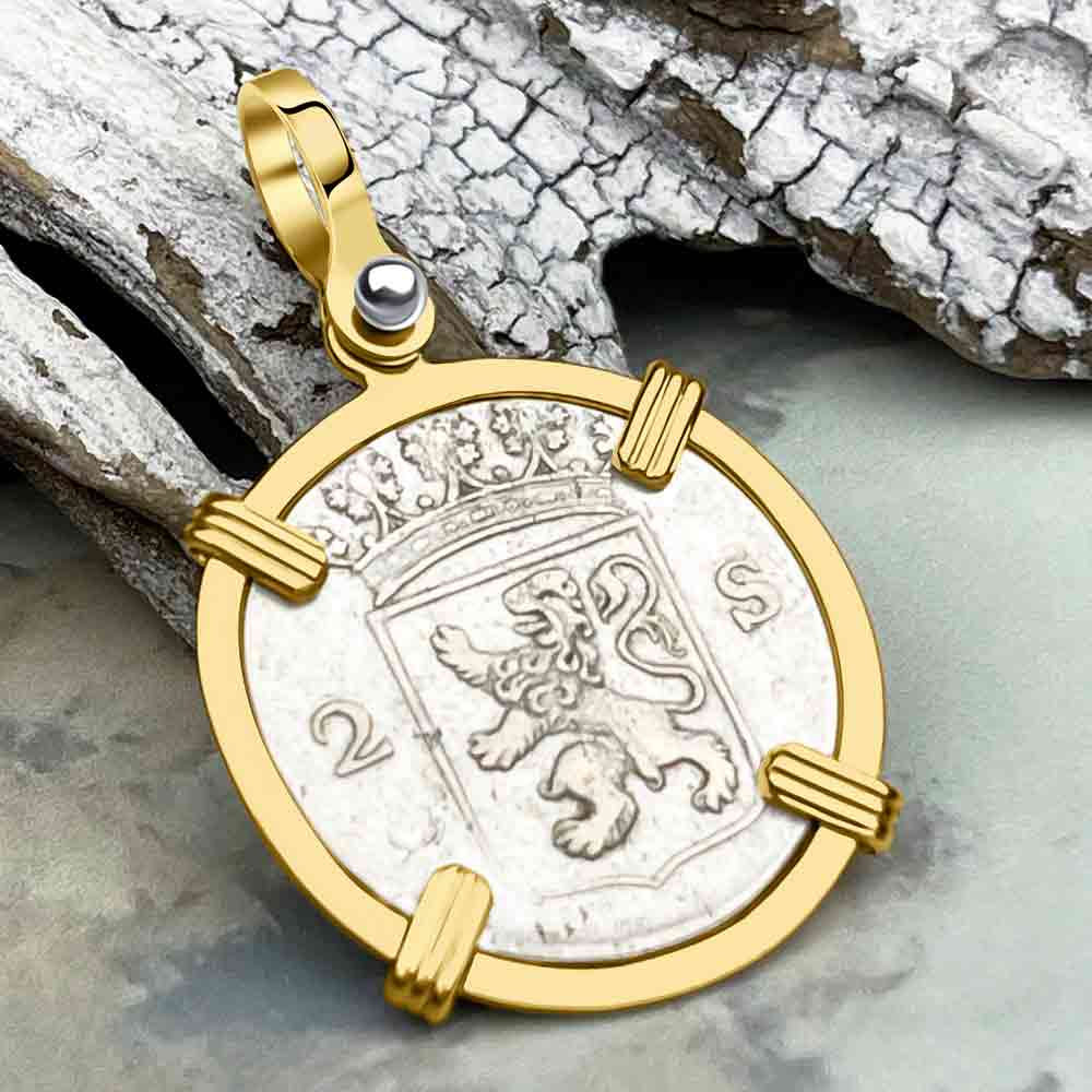 VOC - Dutch East India Company 1788 Silver 2 Stuiver Lion Coin 14K Gold Pendant