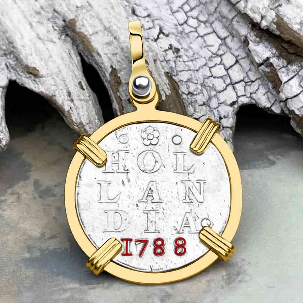 VOC - Dutch East India Company 1788 Silver 2 Stuiver Lion Coin 14K Gold Pendant