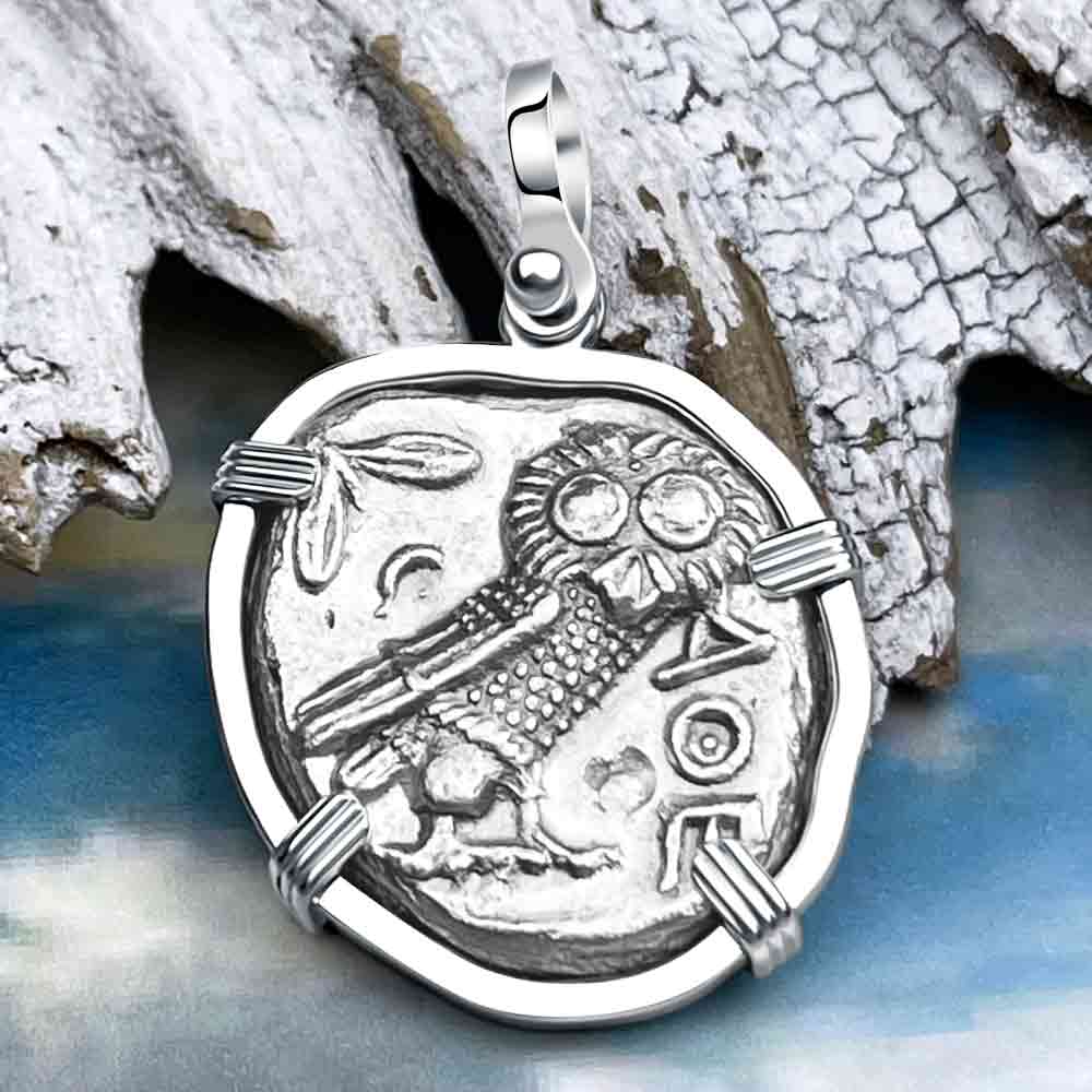 Ancient Greek Athena and the Owl Silver Tetradrachm circa 350 BC Sterling Pendant