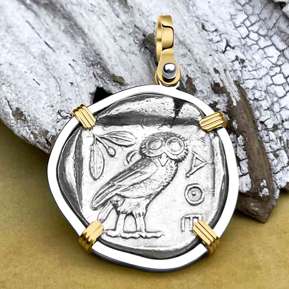 Ancient Greek Athena and the Owl Silver Tetradrachm circa 450 BC 14K Gold and Sterling Silver Pendant