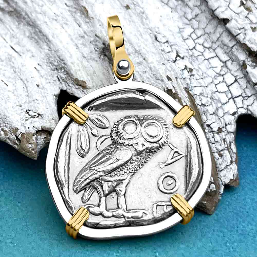 Ancient Greek Athena and the Owl Silver Tetradrachm circa 450 BC 14K Gold and Sterling Silver Pendant