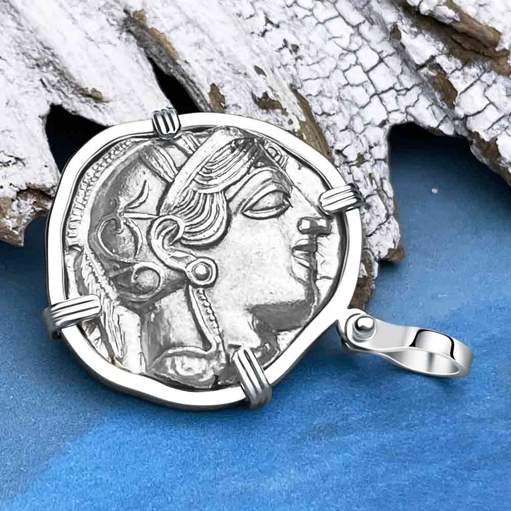 Ancient Greek Athena and the Owl Silver Tetradrachm circa 450 BC 14K White Gold Pendant