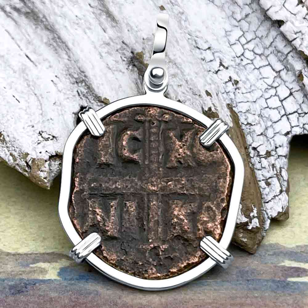 Byzantine Bronze Follis Coin - May Jesus Christ Conquer, in a Sterling Silver Pendant