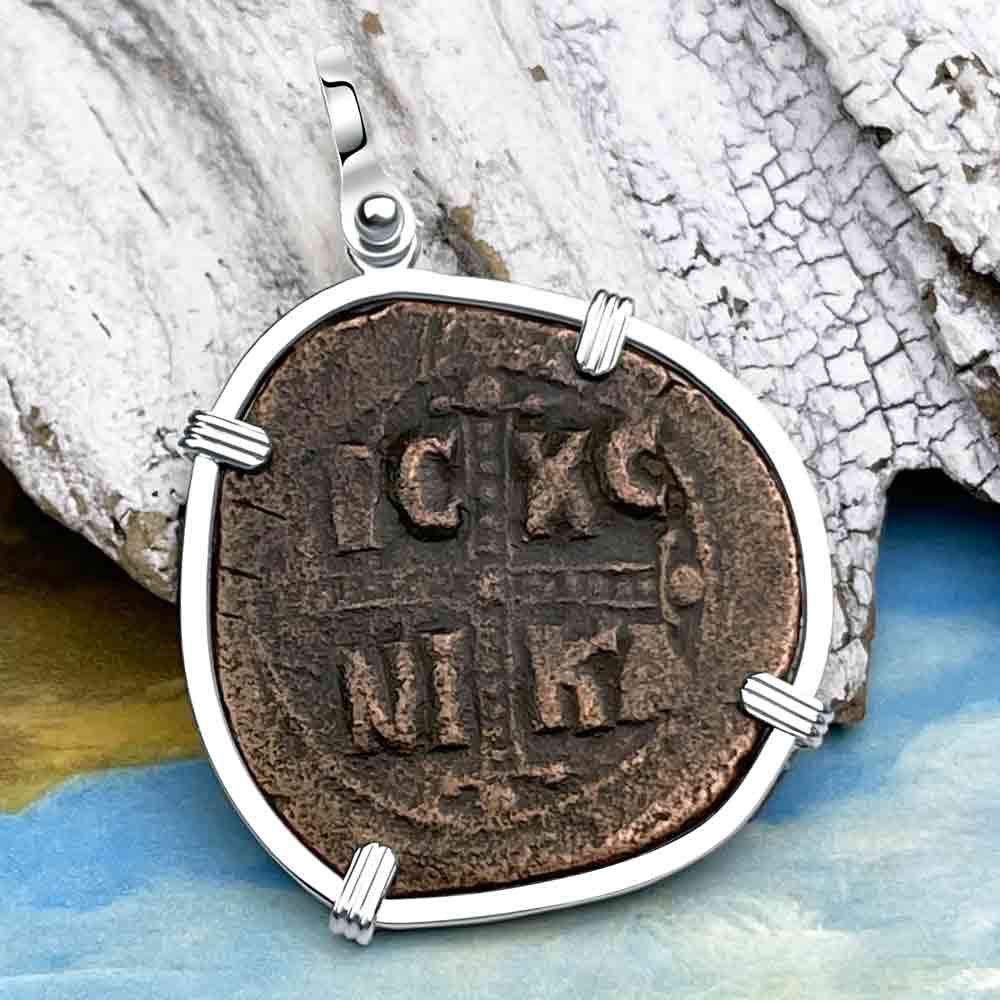 Byzantine Bronze Follis Coin - May Jesus Christ Conquer, in a Sterling Silver Pendant