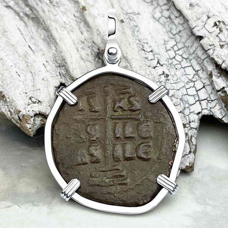Byzantine Bronze Follis Coin - Jesus Christ, King of Kings in a Sterling Silver Pendant