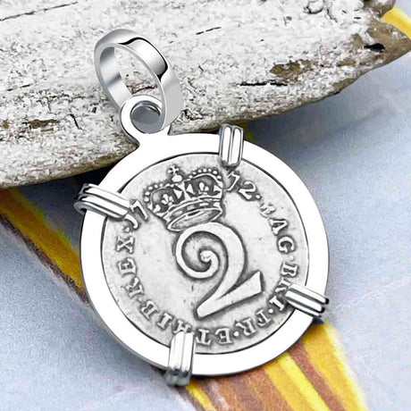 British Royal Maundy Silver 1772 King George III Twopence 14K White Gold Pendant