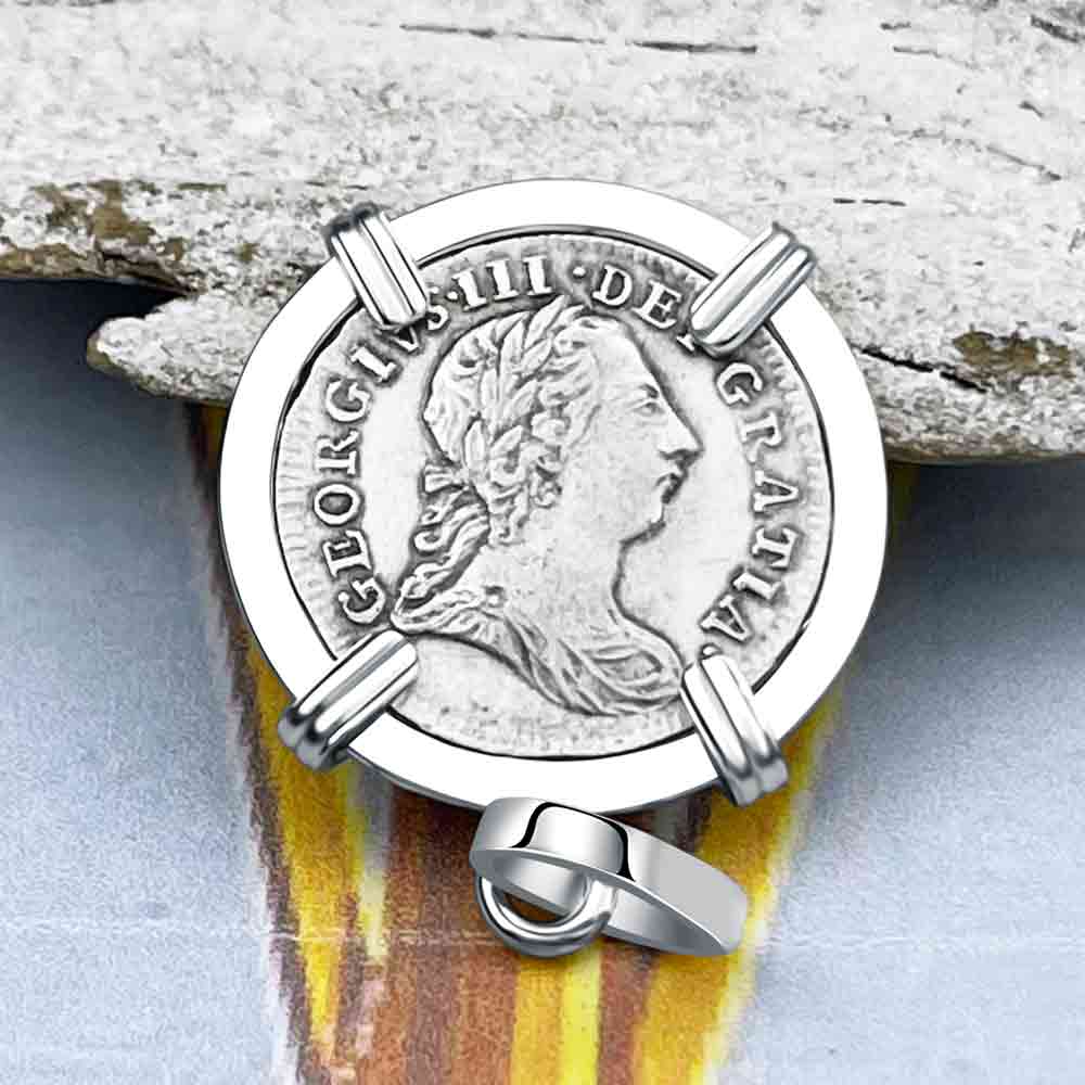 British Royal Maundy Silver 1772 King George III Twopence 14K White Gold Pendant