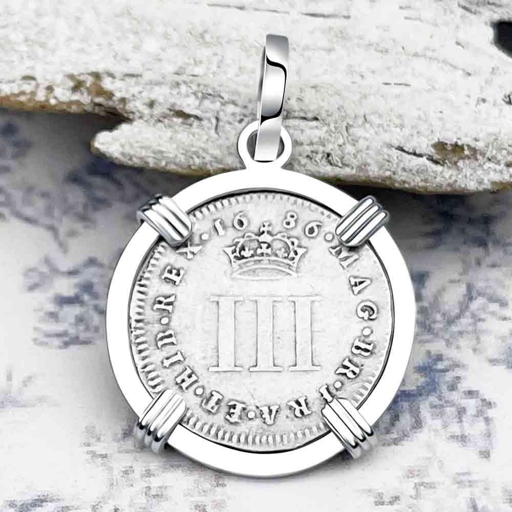 British Royal Maundy Silver 1686 King James Threepence 14K White Gold Pendant