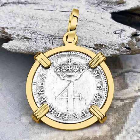 British Royal Maundy Silver 1729 King George II Fourpence 14K Gold Pendant