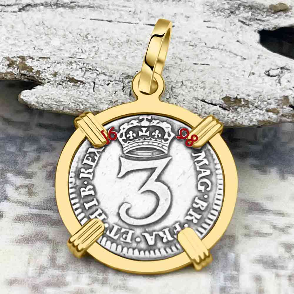 British Royal Maundy Silver 1698 King William III Threepence 14K Gold Pendant