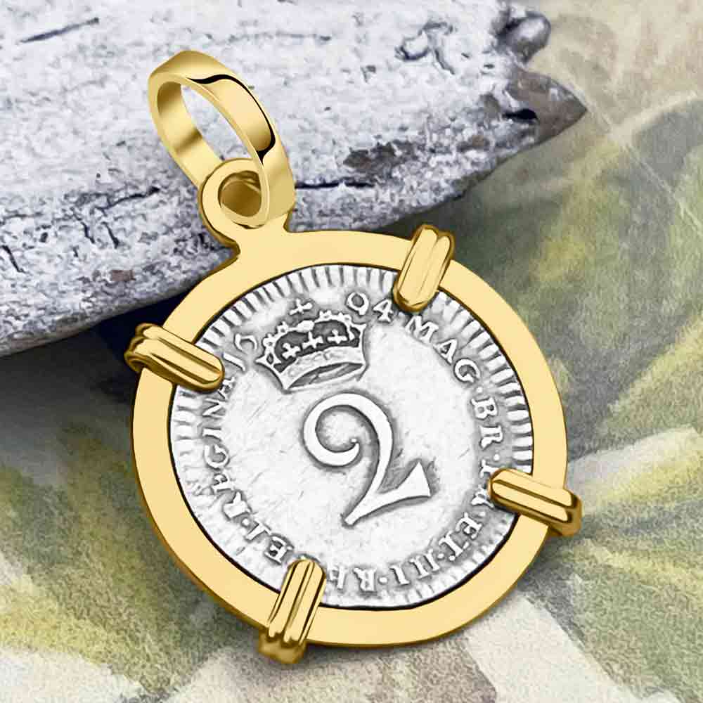 British Royal Maundy Silver 1694 William and Mary Twopence 14K White Gold Pendant
