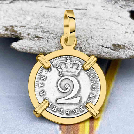 British Royal Maundy Silver 1737 King George II Twopence 14K Gold Pendant
