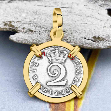 British Royal Maundy Silver 1737 King George II Twopence 14K Gold Pendant