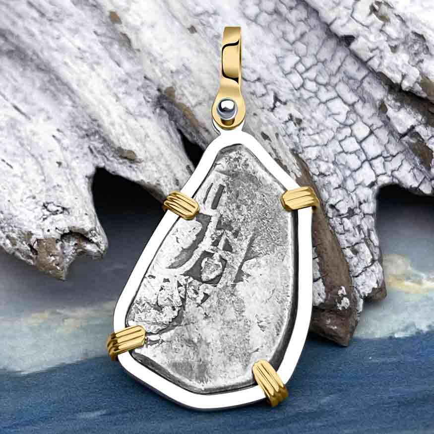 1715 Fleet Shipwreck Spanish Two Reale &quot;Piece of 8&quot; 14K Gold and Sterling Silver Pendant 