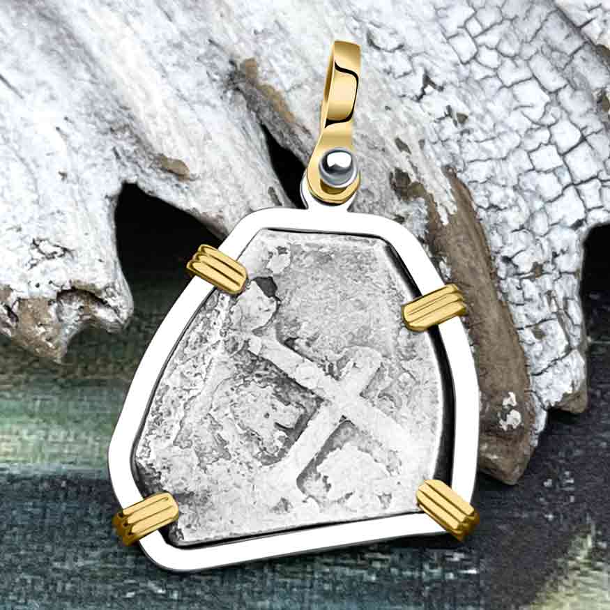  1715 Fleet Shipwreck Spanish Two Reale "Piece of 8" 14K Gold and Sterling Silver Pendant 
