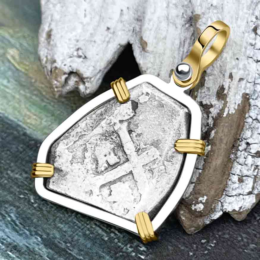 1715 Fleet Shipwreck Spanish Two Reale &quot;Piece of 8&quot; 14K Gold and Sterling Silver Pendant 