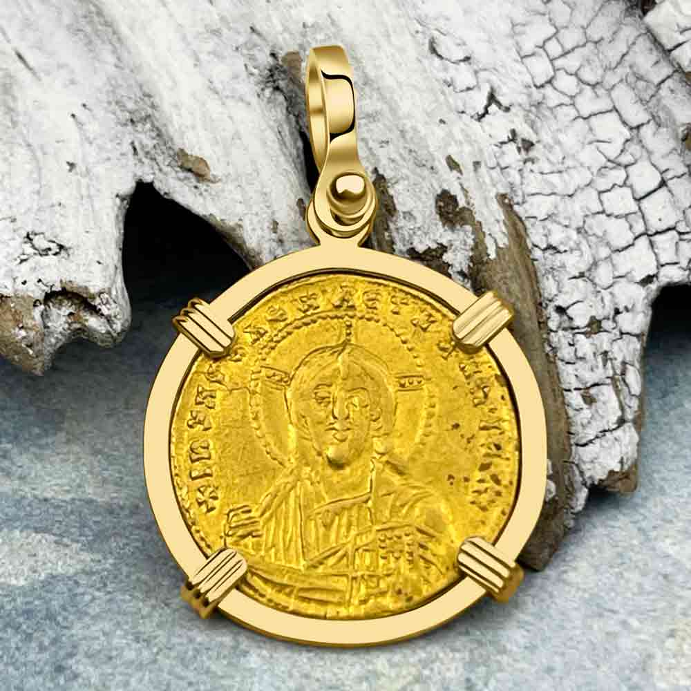 &quot;Jesus Christ King of Kings&quot; 23K Gold Solidus Coin 950 AD 18K Gold Pendant