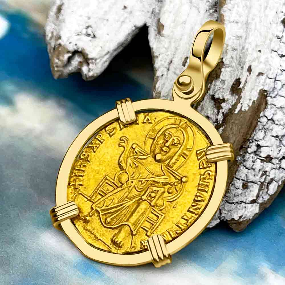 Extremely Rare Byzantine Jesus Christ 24K Gold Solidus Coin Circa 867 AD 18K Gold Pendant