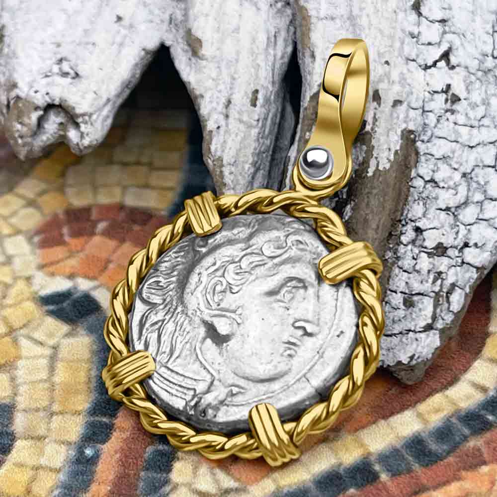 Ancient Greek Alexander the Great Silver Drachm Coin 14K Gold Pendant