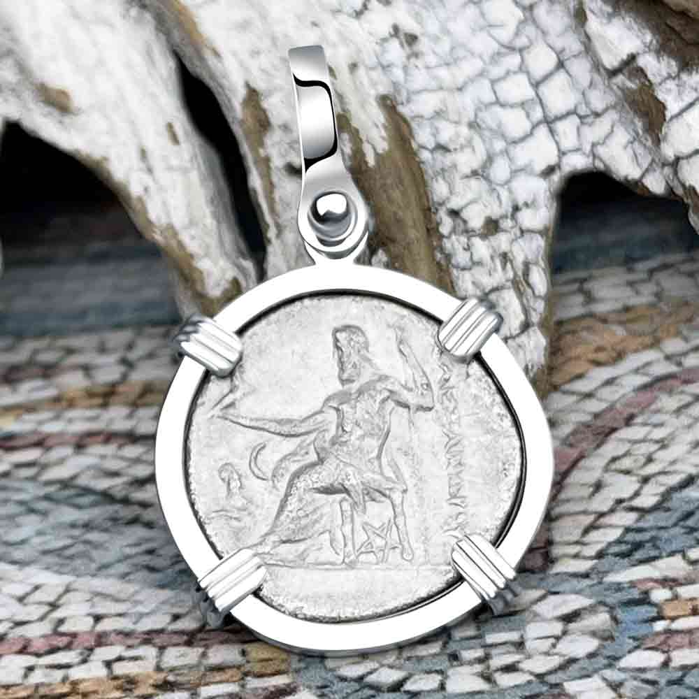 Ancient Greek Alexander the Great Silver Drachm Coin 14K White Gold Pendant
