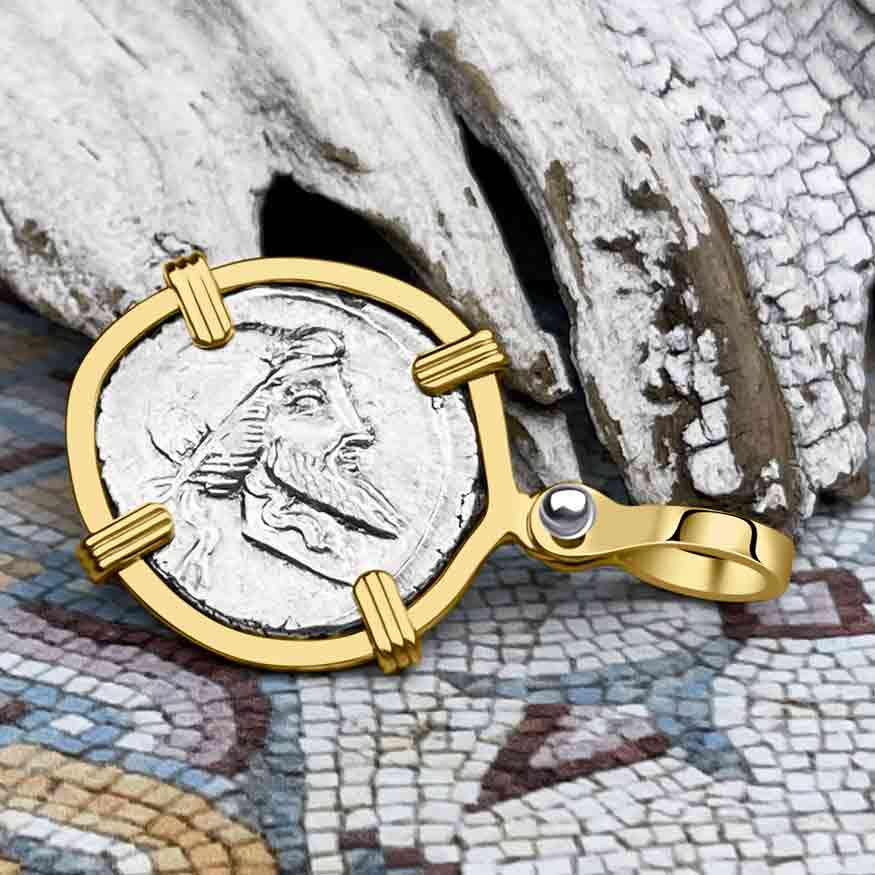 Roman Republic Silver Pegasus Denarius Coin Necklace 90 BC in 14K Gold