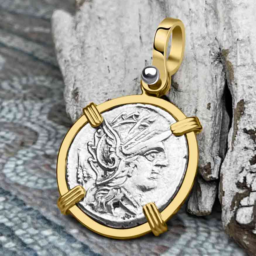 Roman Republic Silver Denarius 103 BC Roma &amp; Victory 14K Gold Pendant