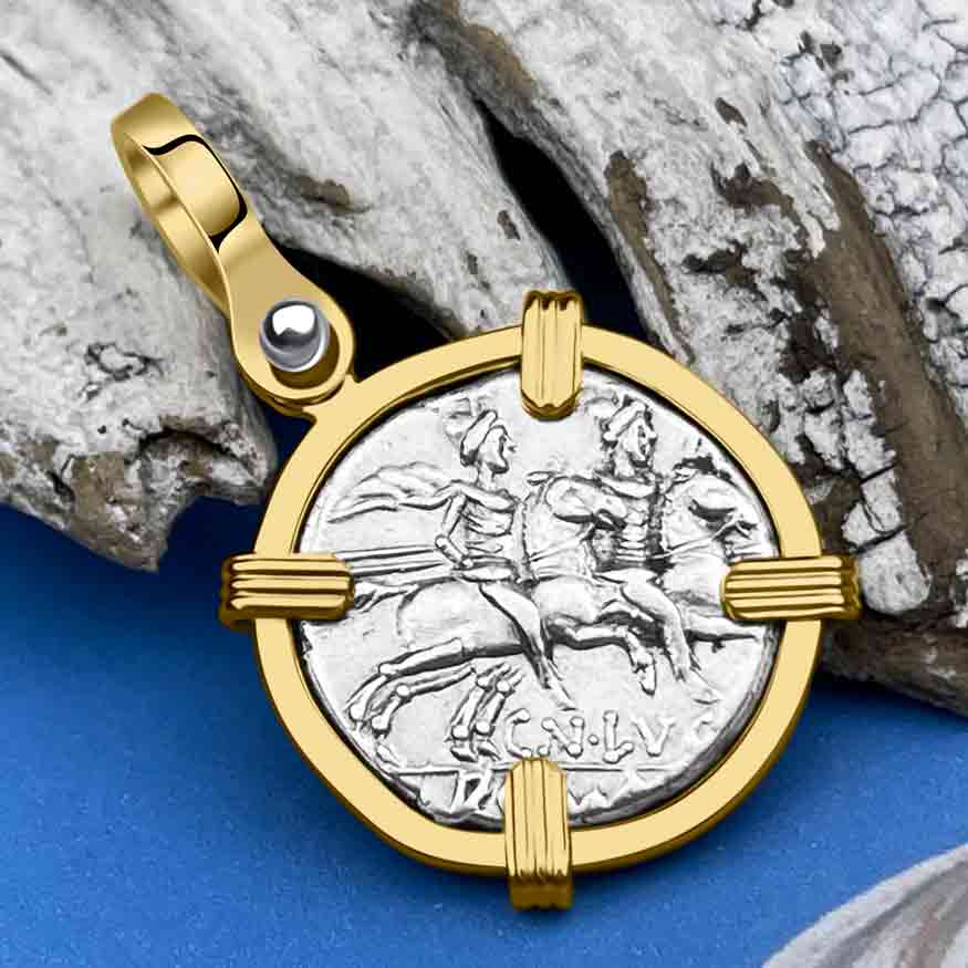 Roman Republic Silver Denarius 136 BC Roma &amp; the Gemini Twins 14K Gold Pendant