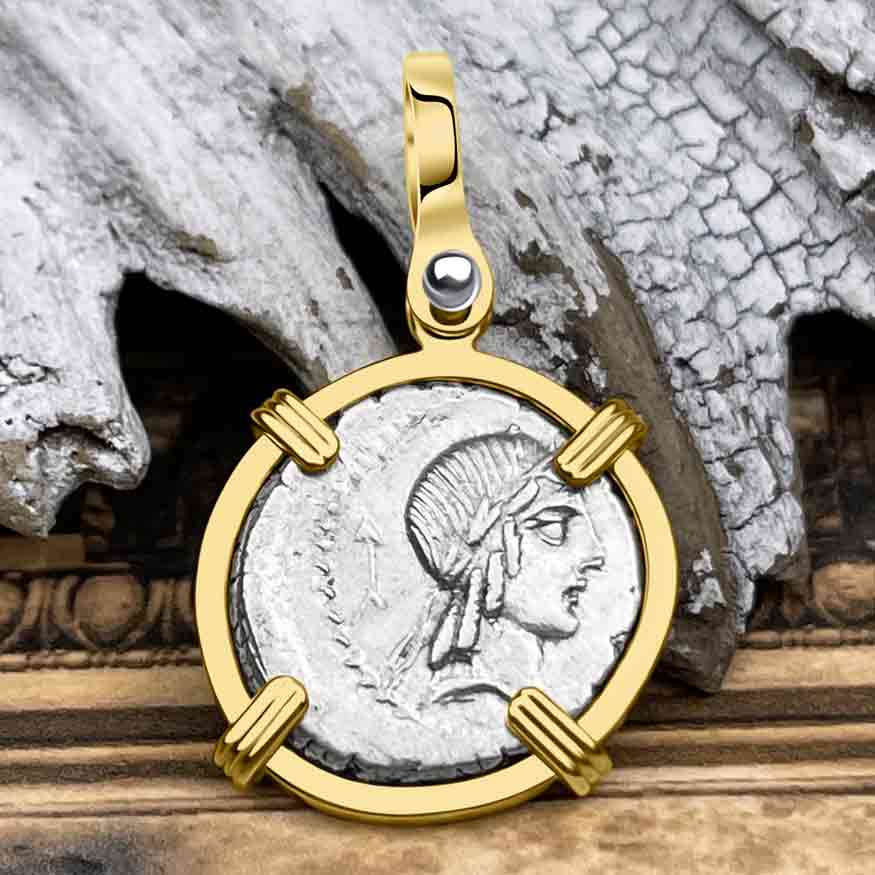 Roman Republic Silver Denarius 90 BC Apollo and the Horseman Coin 14K Gold PendantRoman Republic Silver Denarius 90 BC Apollo and the Horseman Coin 14K Gold Pendant