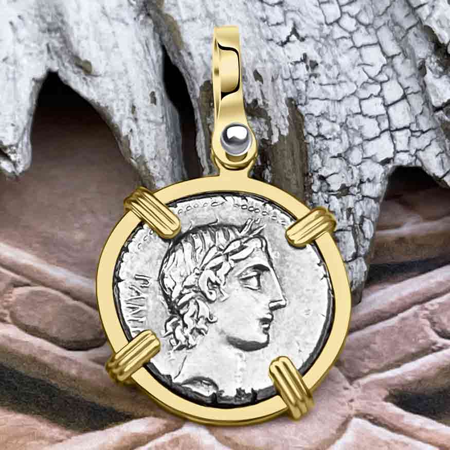 Roman Republic Silver Denarius 90 BC Apollo and Minerva 14K Gold Pendant