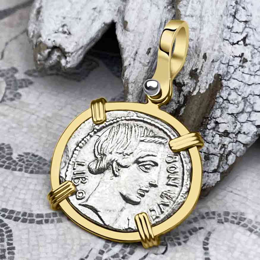 Roman Republic Silver Denarius 62 BC Bonus Eventus - Success &amp; Good Fortune 14K Gold Pendant