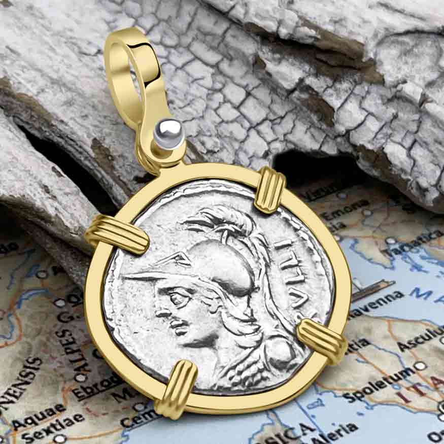 Roman Republic Silver Denarius 100 BC Minerva and Victory 14K Gold Pendant