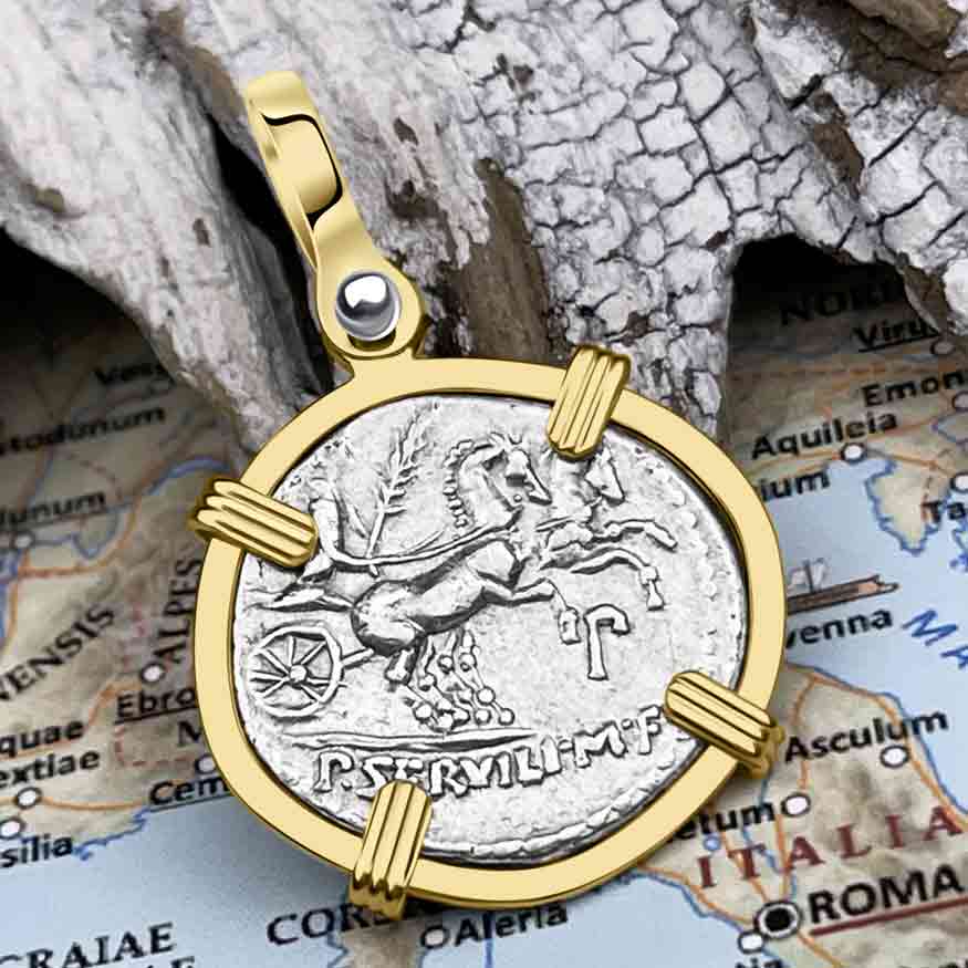 Roman Republic Silver Denarius 100 BC Minerva and Victory 14K Gold Pendant