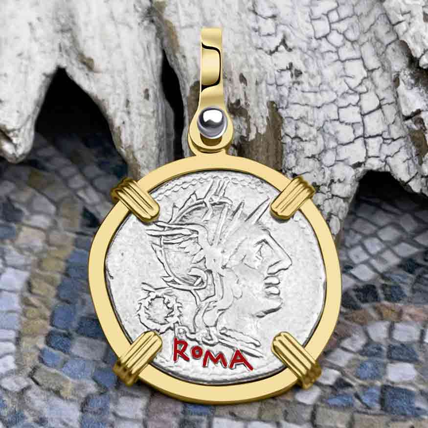 Roman Republic Silver Denarius 128 BC Roma &amp; Victory 14K Gold Pendant