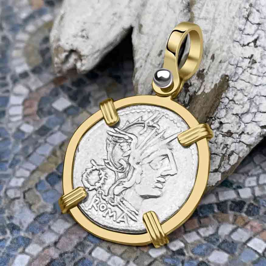 Roman Republic Silver Denarius 128 BC Roma &amp; Victory 14K Gold Pendant