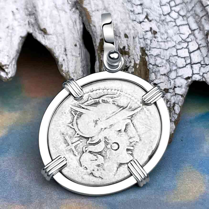 Roman Republic Silver Denarius 175 BC Roma &amp; Luna Sterling Silver Pendant