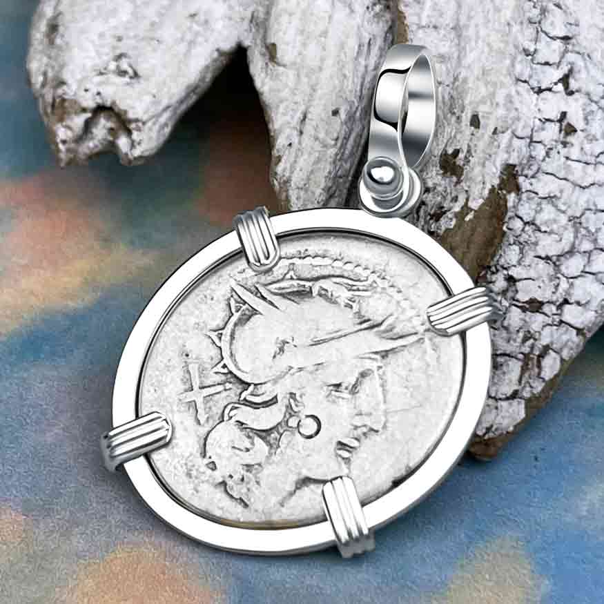 Roman Republic Silver Denarius 175 BC Roma &amp; Luna Sterling Silver Pendant