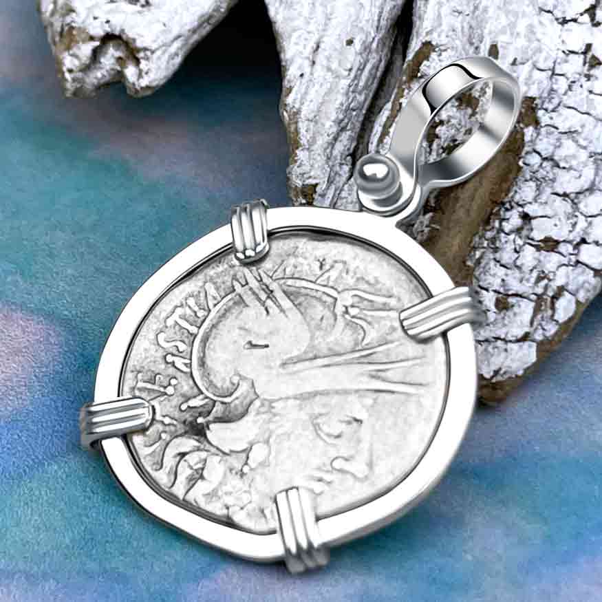 Roman Republic Silver Denarius 146 BC Roma &amp; the Gemini Twins Sterling Silver Pendant