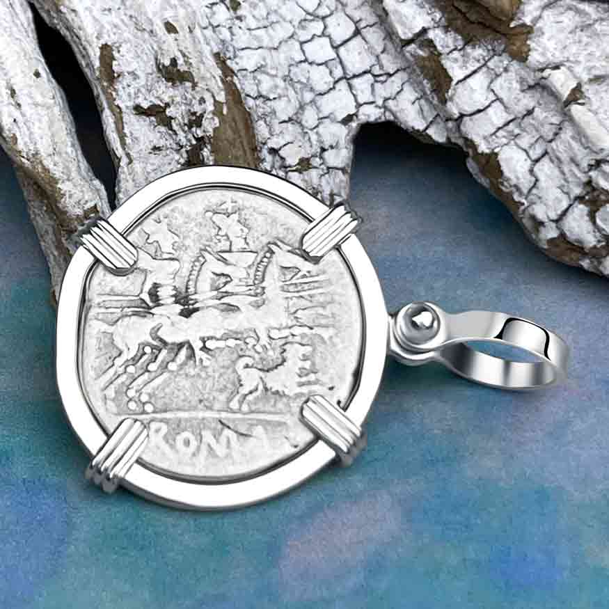 Roman Republic Silver Denarius 146 BC Roma &amp; the Gemini Twins Sterling Silver Pendant