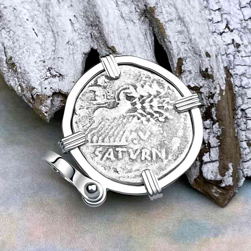 Roman Republic Silver Denarius 104 BC Roma &amp; Saturn Sterling Silver Pendant