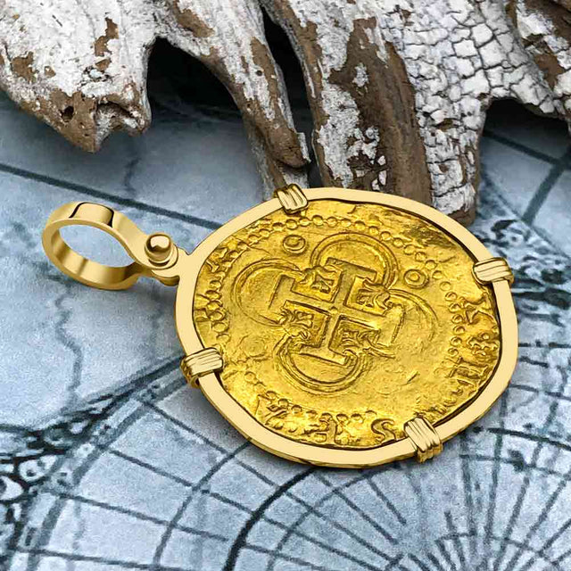 Rarer Pirate Era Circa 1568 22K Gold 2 Escudo - the Legendary Doubloon - 18K Gold Pendant