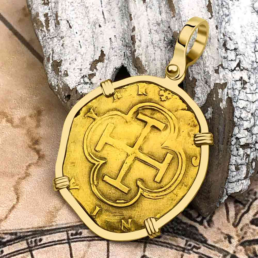 Rare Pirate Era Toledo Mint Circa 1565 22K Gold Two Escudo - the Legendary Doubloon - 18K Gold Pendant