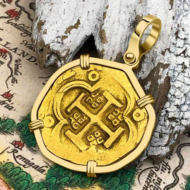RARE Dated 1632 Pirate Era 22K Gold Four Escudo - the Legendary Doubloon - 18K Gold Pendant