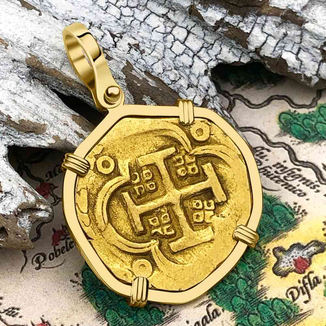 RARE Dated 1632 Pirate Era 22K Gold Four Escudo - the Legendary Doubloon - 18K Gold Pendant