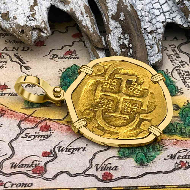 RARE Dated 1632 Pirate Era 22K Gold Four Escudo - the Legendary Doubloon - 18K Gold Pendant | Artifact #7002