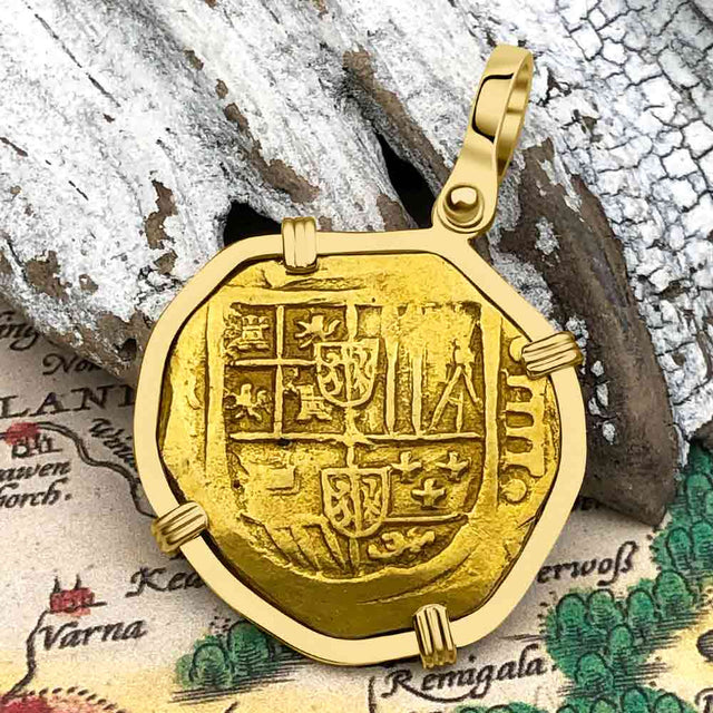 RARE Dated 1632 Pirate Era 22K Gold Four Escudo - the Legendary Doubloon - 18K Gold Pendant