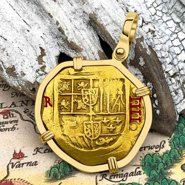 RARE Dated 1632 Pirate Era 22K Gold Four Escudo - the Legendary Doubloon - 18K Gold Pendant
